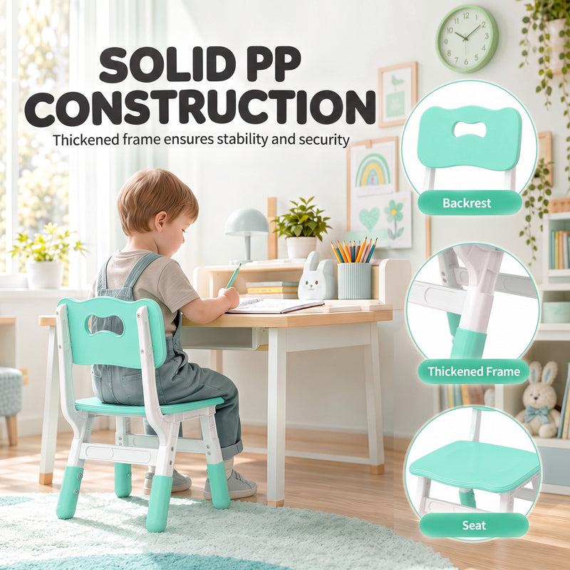 Boy drawing at a desk on a PP kids chair, with backrest, thickened frame and seat callouts