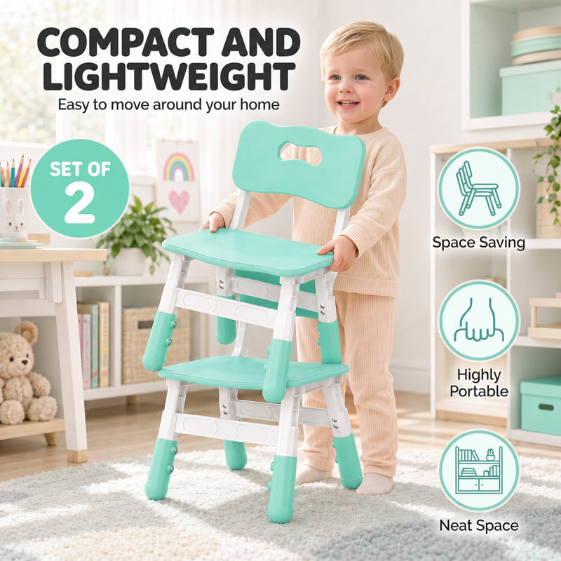 Smiling toddler boy holding a lightweight kids chair, with a set of 2 badge
