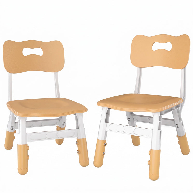 Two kids desk chairs with cut-out handle backrests on a plain background