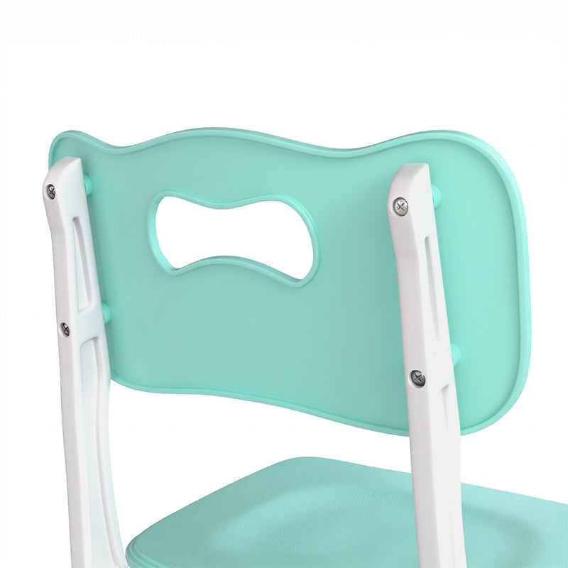 Close-up of the cut-out handle backrest and frame of a kids chair