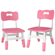 Pair of kids desk chairs angled side by side, showing backrests and adjustable legs
