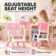 Girl seated at a desk on a kids chair, with a close-up of the seat height adjustment