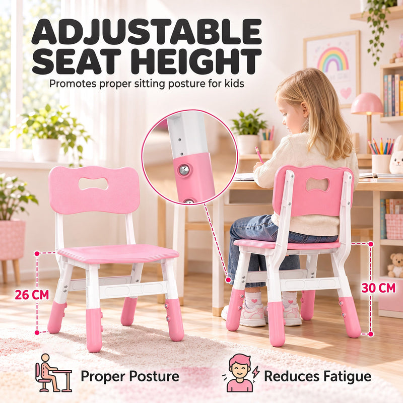 Girl seated at a desk on a kids chair, with a close-up of the seat height adjustment
