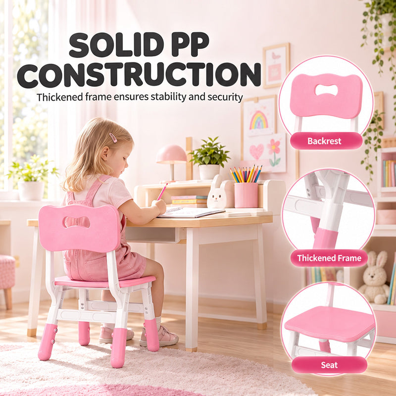 Girl on a kids chair at a desk, with solid PP construction callouts
