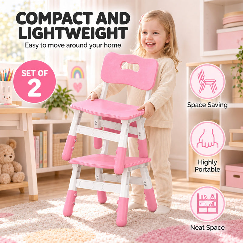 Toddler girl carrying a kids chair, with space saving, portable and neat space icons