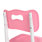 Detail of a kids chair backrest showing the cut-out handle and screws