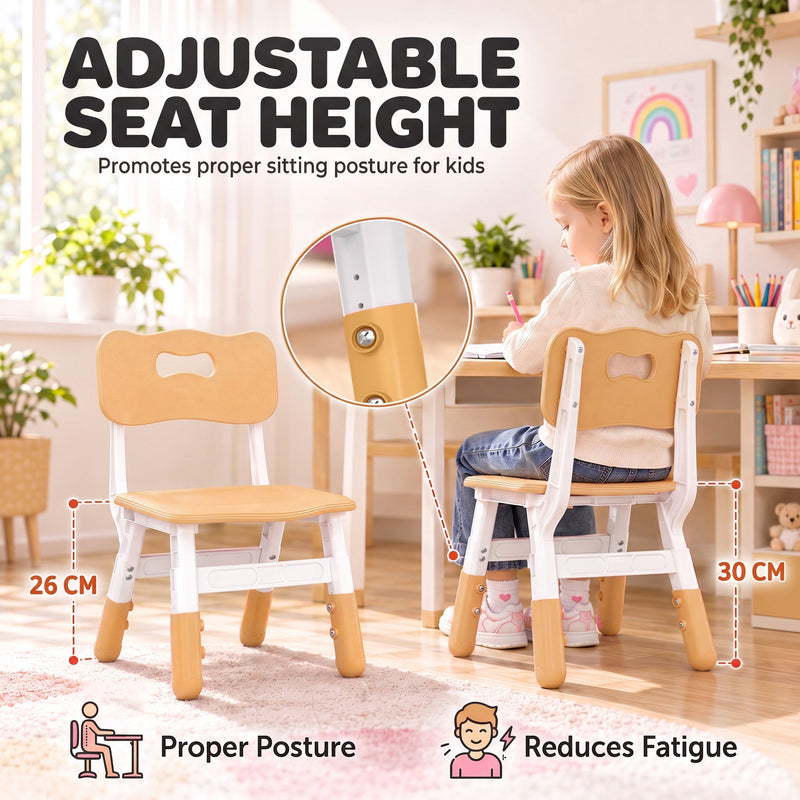 Girl at a desk on a kids chair, with the seat height adjustable from 26 cm to 30 cm