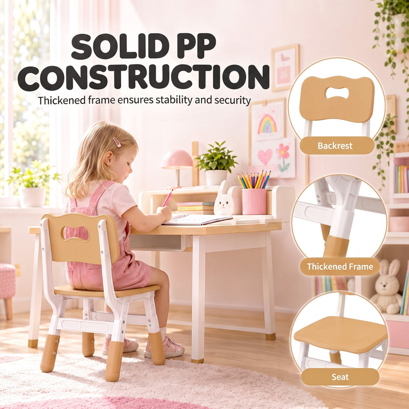 Girl drawing at a desk on a PP kids chair, with backrest, thickened frame and seat callouts