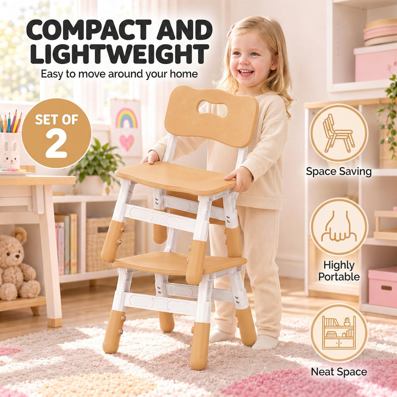 Smiling girl carrying a lightweight kids chair, with space saving and portable callouts