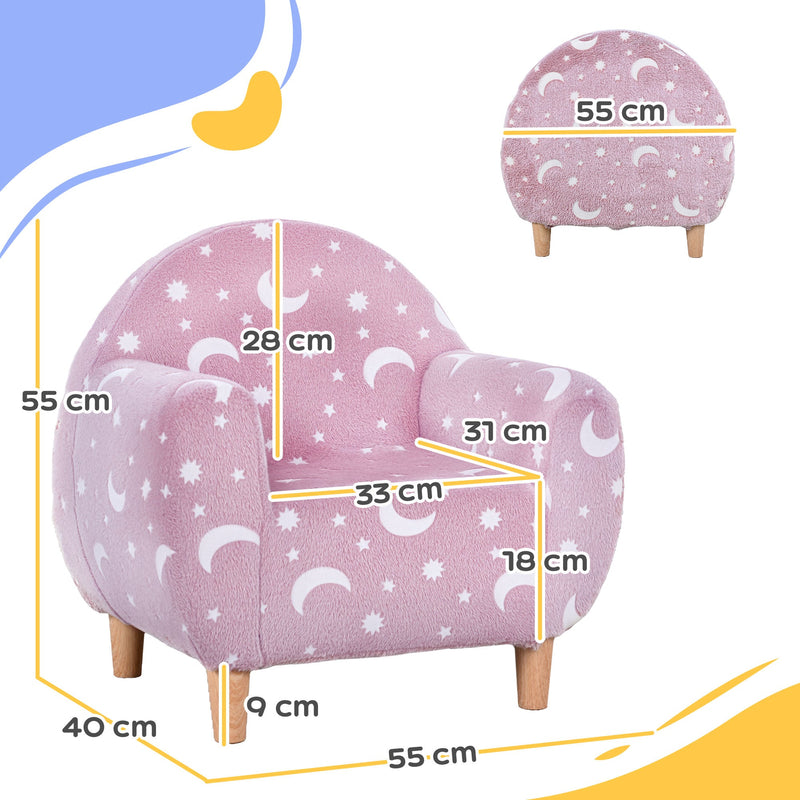 Dimensions diagram of the pink kids armchair: 55 cm wide, 40 cm deep, 55 cm high