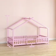 Dimension diagram showing the 217 x 94 x 140 cm pink bed frame with a 200 x 90 cm mattress base