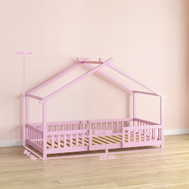 Dimension diagram showing the 217 x 94 x 140 cm pink bed frame with a 200 x 90 cm mattress base
