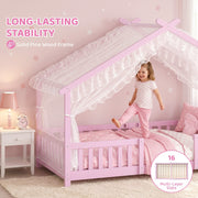 Girl standing on the pink bed frame's solid pine base with 16 multi-layer slats shown