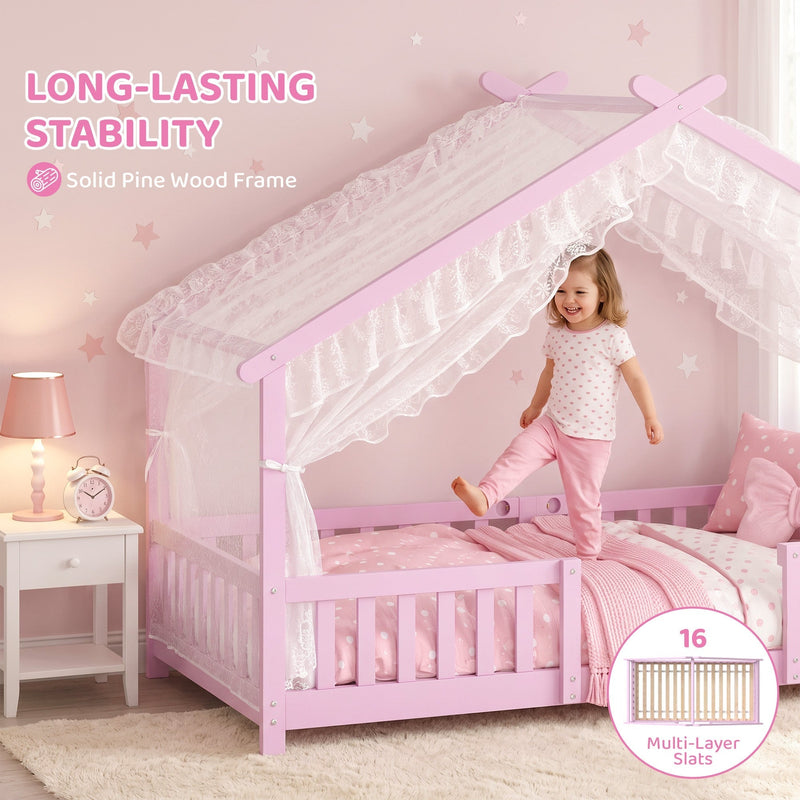 Girl standing on the pink bed frame's solid pine base with 16 multi-layer slats shown