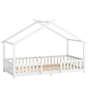 White wooden kids house bed frame with peaked roof and dual guardrails, studio shot