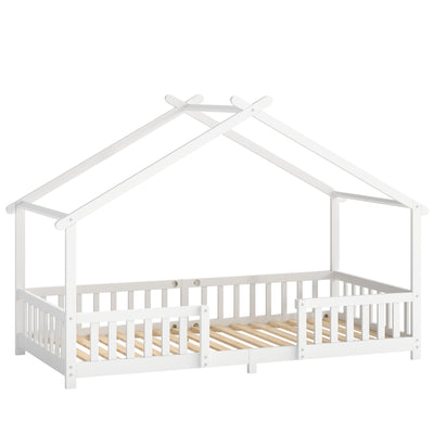 White wooden kids house bed frame with peaked roof and dual guardrails, studio shot