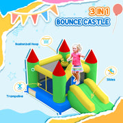Girl jumping in the bouncy castle with labels for the basketball hoop, trampoline and slides