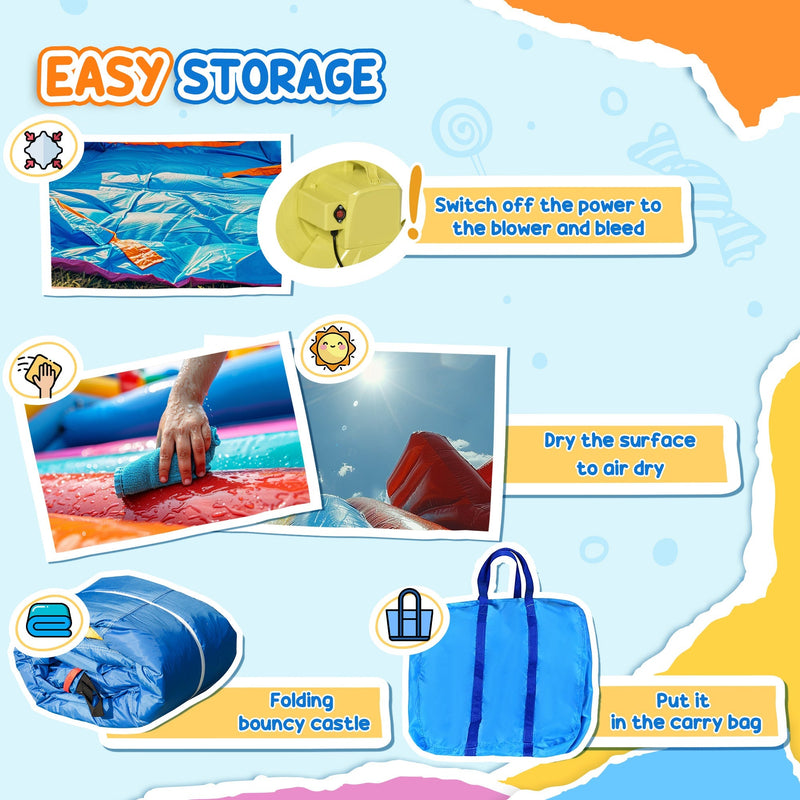 Easy storage guide showing how to switch off the blower, dry the surface, fold the castle and use the carry bag