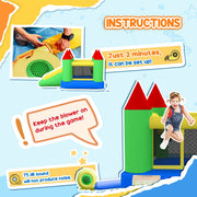 Instructions panel showing quick set-up and a reminder to keep the blower on during play