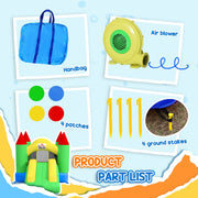 Product part list showing the carry bag, air blower, 4 repair patches and 4 ground stakes