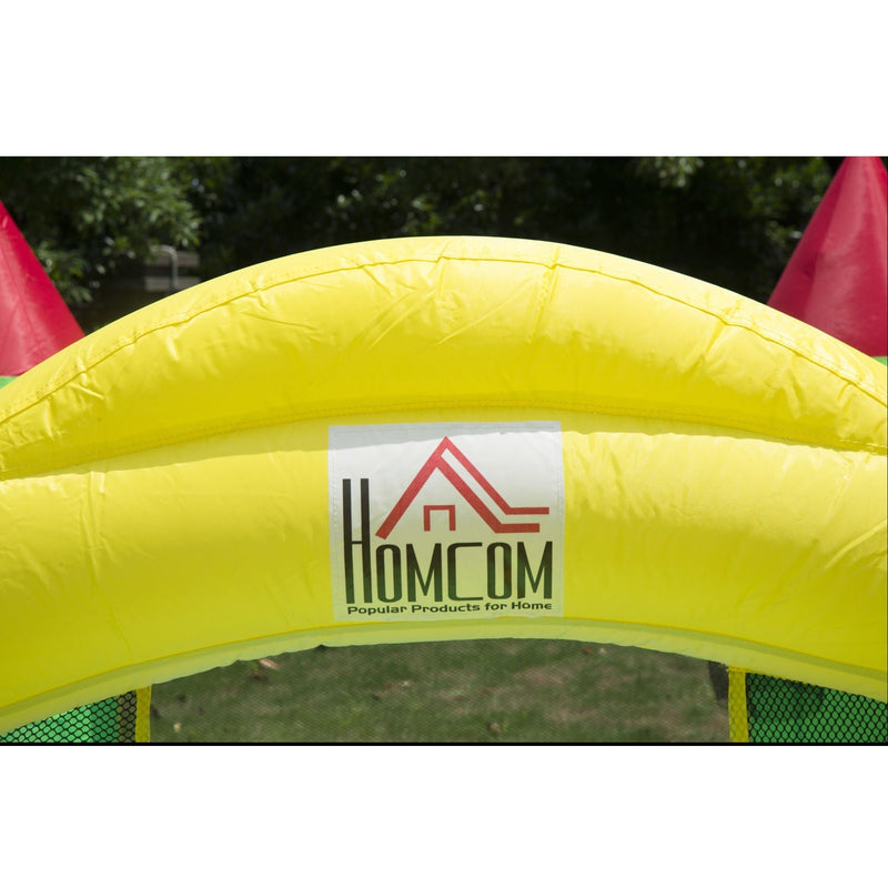 Close-up of the yellow arch of the bouncy castle with the Homcom logo