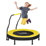 Yellow Songmics kids mini trampoline with black handlebar and a girl jumping above it, on a white background