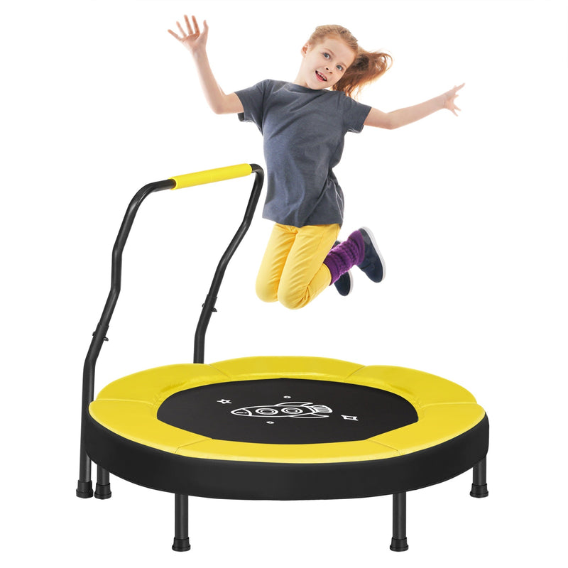 Yellow Songmics kids mini trampoline with black handlebar and a girl jumping above it, on a white background