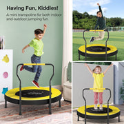 Yellow mini trampoline in use by children indoors on a rug, on a grass playing field and on a patio