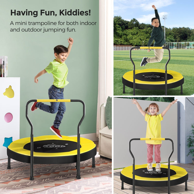 Yellow mini trampoline in use by children indoors on a rug, on a grass playing field and on a patio