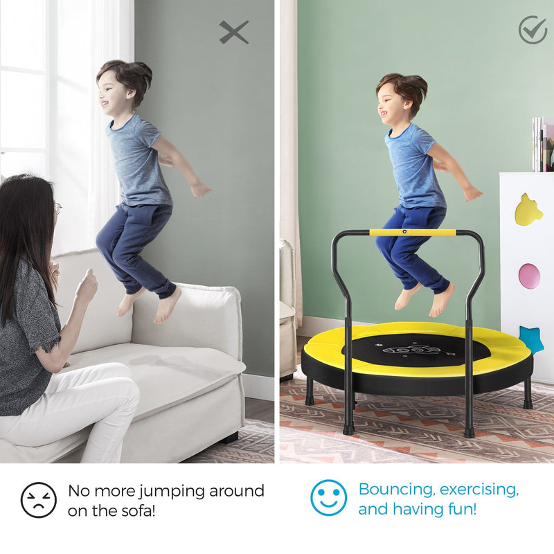 Side-by-side comparison of a boy jumping on a sofa and the same boy bouncing on the yellow mini trampoline