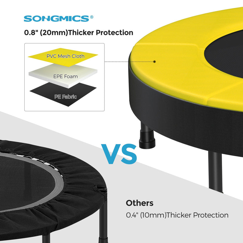 Cutaway of the 2 cm safety pad layers, PVC mesh cloth, EPE foam and PE fabric, beside a thinner rival pad