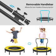 Removable handlebar with push-button clips, shown fitted to and lifted off the yellow mini trampoline