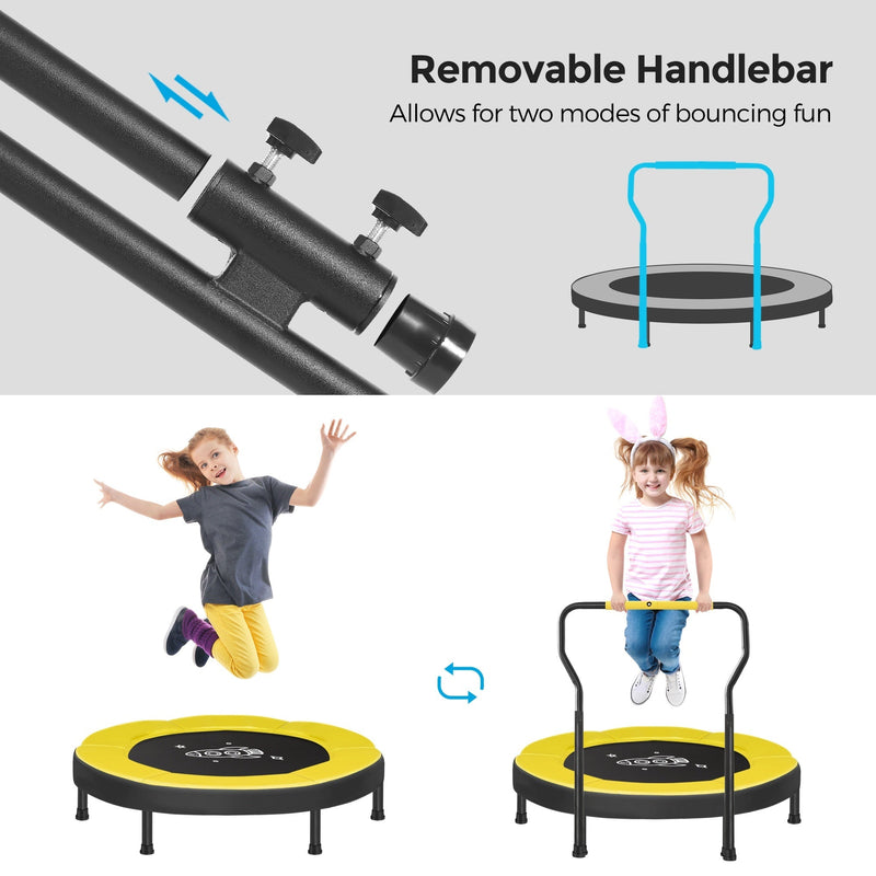 Removable handlebar with push-button clips, shown fitted to and lifted off the yellow mini trampoline