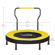 Dimensions diagram of the yellow mini trampoline: 91.4 cm across, 77 cm tall, 65 cm jumping mat and 22.6 cm frame height