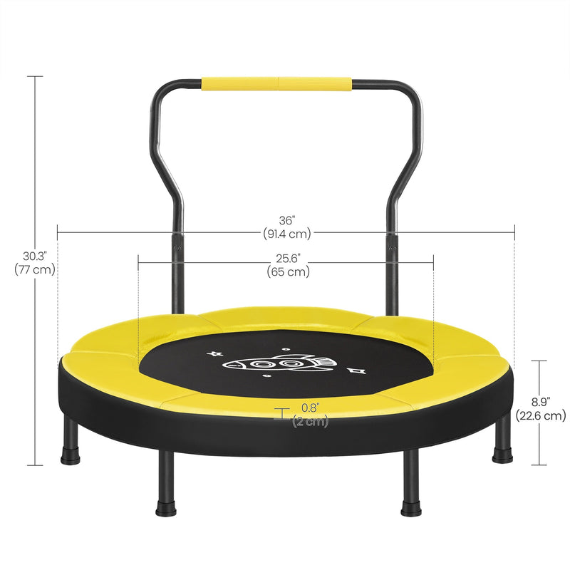 Dimensions diagram of the yellow mini trampoline: 91.4 cm across, 77 cm tall, 65 cm jumping mat and 22.6 cm frame height