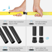 Four close-ups of the button-clip handlebar joint, anti-slip yellow grip, thickened steel tubes and quiet rubber feet