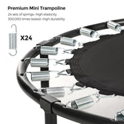 Close-up of the 24 steel coil springs linking the black jumping mat to the trampoline frame