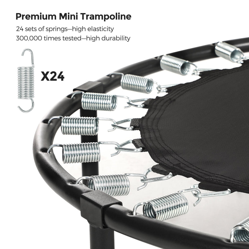 Close-up of the 24 steel coil springs linking the black jumping mat to the trampoline frame