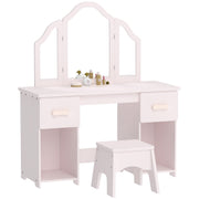 Pink kids dressing table with tri-fold mirror, two drawers and a matching stool on a white background