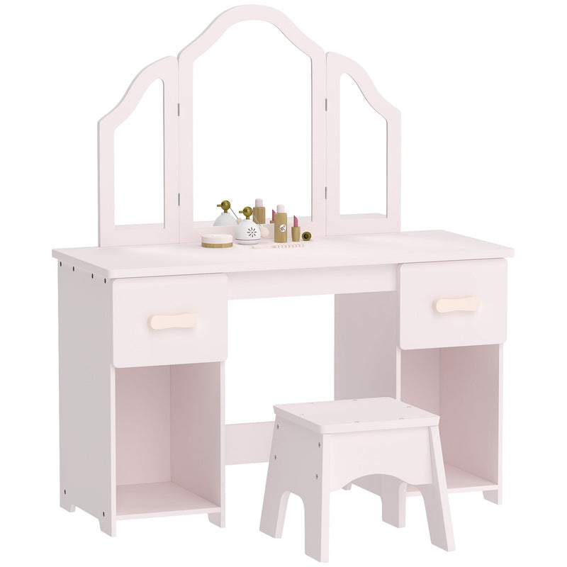 Pink kids dressing table with tri-fold mirror, two drawers and a matching stool on a white background