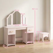 Kids dressing table dimensions diagram showing 79.5 cm wide, 33 cm deep, 90.7 cm high and the stool size
