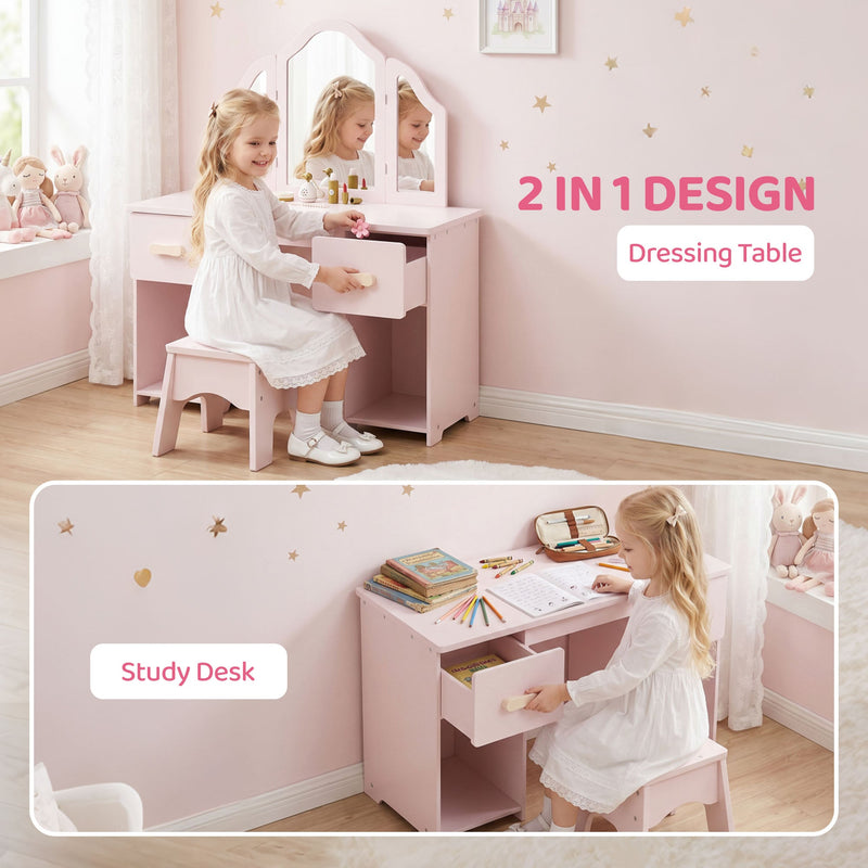 Two photos of the table used as a dressing table and as a study desk with the mirror removed