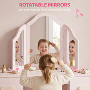Child brushing her hair in front of the rotatable tri-fold mirror panels