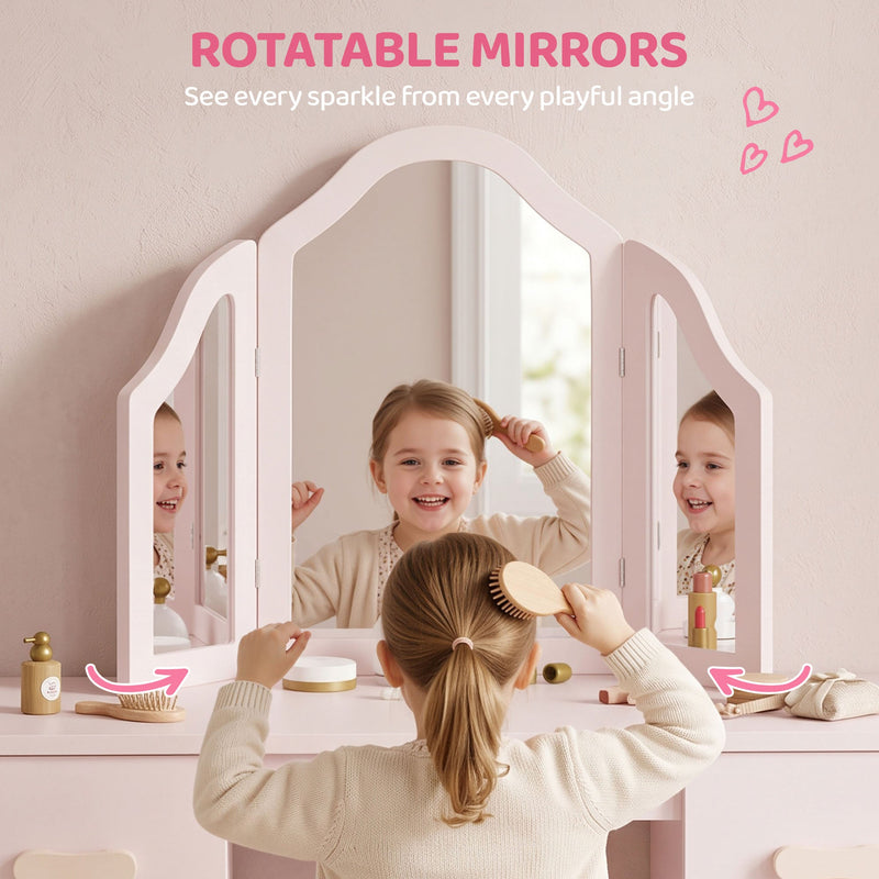 Child brushing her hair in front of the rotatable tri-fold mirror panels