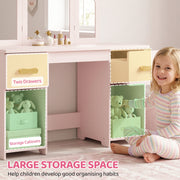 Child beside the dressing table showing its two drawers and two storage cabinets