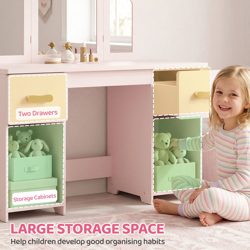 Child beside the dressing table showing its two drawers and two storage cabinets