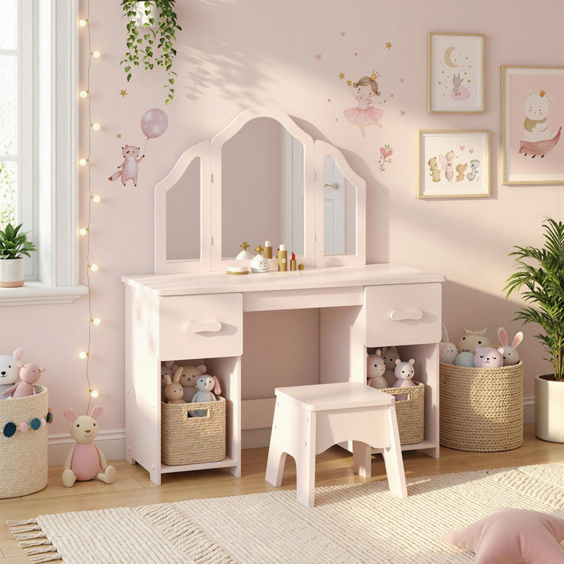 Dressing table and stool in a pink bedroom with toys stored in the lower cabinets
