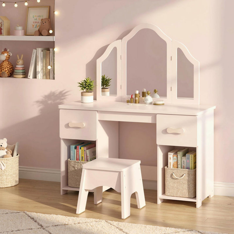 Front view of the dressing table and stool with books stored in the lower cabinets