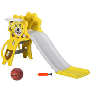 Aiyaplay yellow lion-themed kids slide with basketball and pump, studio shot