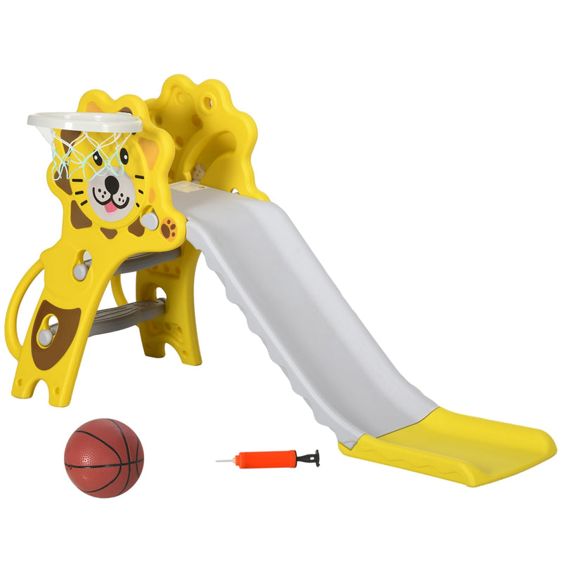Aiyaplay yellow lion-themed kids slide with basketball and pump, studio shot